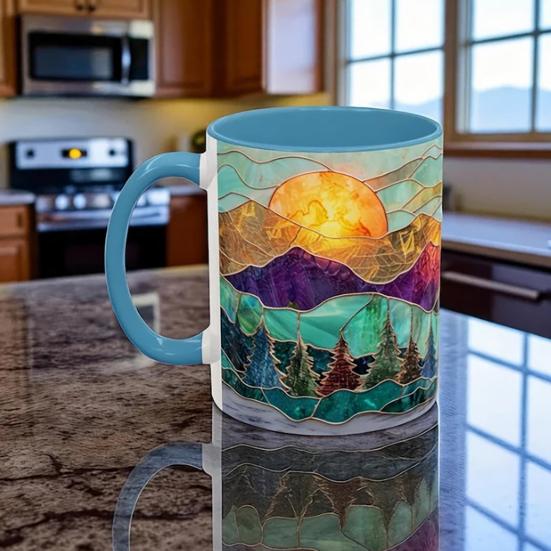 Keramický hrnek 3D akvarelový západ slunce 11/15oz Ergonomická rukojeť Jedinečný umělecký dárek pro domácnost a kancelář