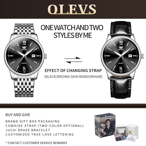 OLEVS Men's Stylish and Popular Black Quartz Analog Watch for Business and Work, Waterproof, Silver Stainless Steel Band, Black Dial, Date Display, Si