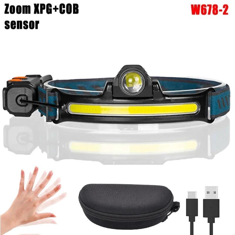 IR Sensor LED Headlamp Powerful XPG+COB Headlight 2000mAh 18650 USB Head Lamp Portable Floodlight Flashlight Waterproof Lantern