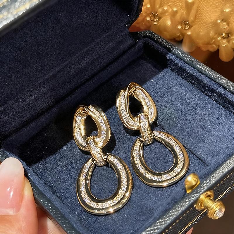 Double link cubic zirconia pendant earrings, oval link paving crystal pendant women s earrings, luxury jewelry gifts