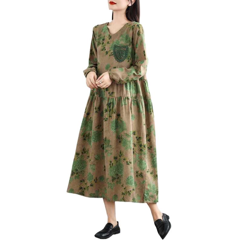 Autumn Small V-neck Lace Pocket Long-sleeved Dress A-line Dress