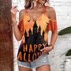 Women's Casual Halloween Print Tie Strap Cold Shoulder Short Sleeve T Shirt Lightweight Breathable Summer Top