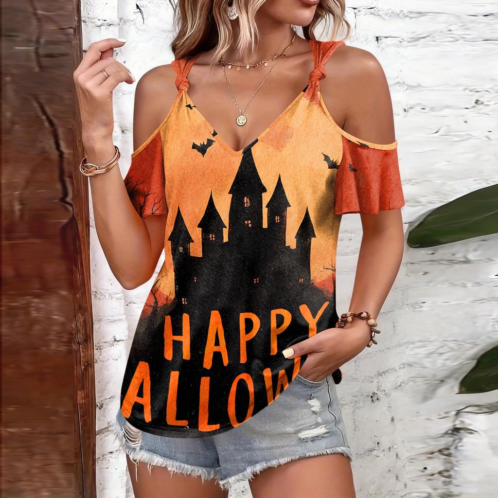 Women's Casual Halloween Print Tie Strap Cold Shoulder Short Sleeve T Shirt Lightweight Breathable Summer Top