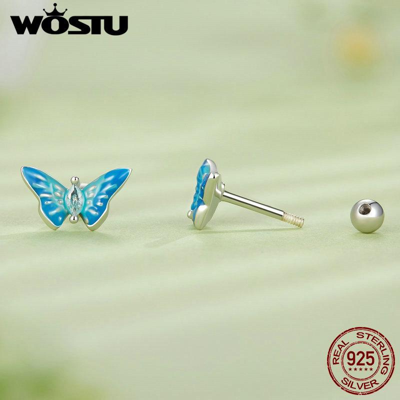 WOSTU Real 925 Sterling Silver Rainbow Butterfly Enamel Stud Earrrings Elf Moonstone Earrings Special Girl Jewelry Gift E1571