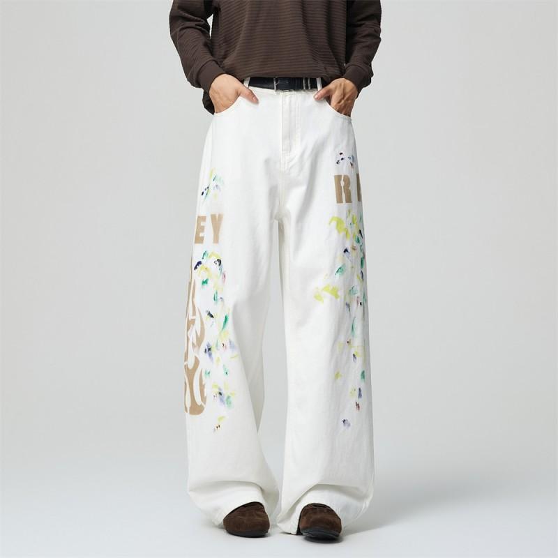Mens Streetwear Loose Straight Leg Pants Flame Print Casual Trousers