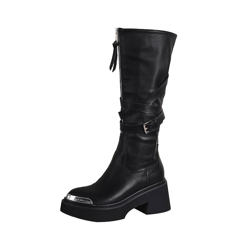 Factory Custom Two Wear Pointed Metal Head High Tube Fashion Boots Long Boots Women's Front Zipper Thick Sole Heightening Knight Boots