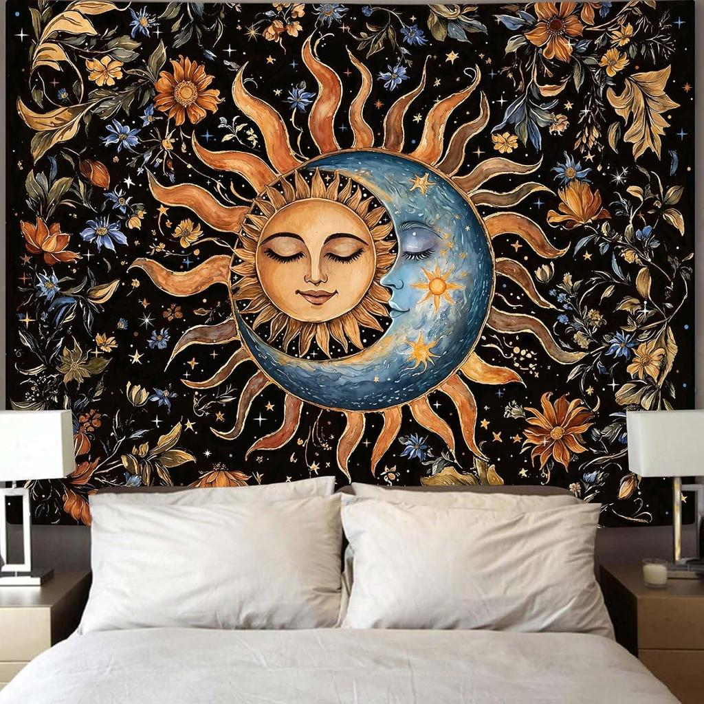 Sun and Moon Wall Tapestry Celestial Boho Decor Floral Night Sky Pattern Astrology Theme Home Decoration Dreamy Cosmic Design