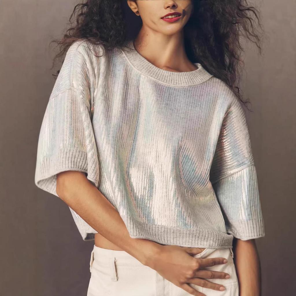 Summer 2026 Women's Solid Color Sequin Short Sleeve T-Shirt