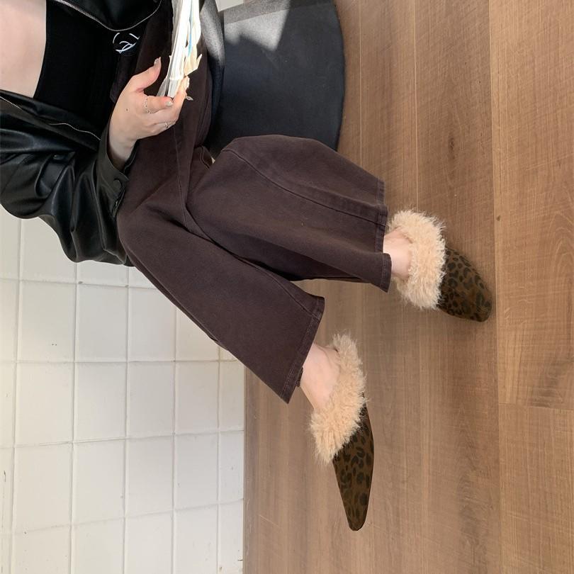 Korean version of square head plush shoes single shoes women's 2025 warm cotton shoes French thick heel retro black small leather shoes