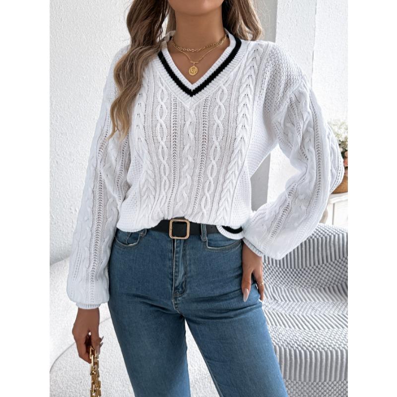 Autumn and Winter V-neck Twist Lantern Long Sleeved Pullover Sweater Women Loose Stripe Tops Ladies Fashion Elegant Casual Office Women's Clothing