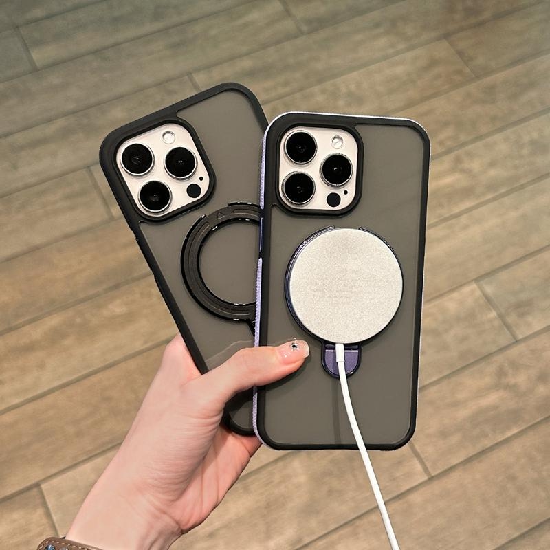 Luxury Color Blocking Ring Rotate Stand Magsafe Case For iPhone 16 15 14 Plus 13 12 11 pro Max Frosted Matte Magnetic Hold Cover