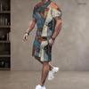 Men Plus Size Blue White Printed Round Neck Short Sleeve Top And Shorts With Pockets Two Piece Set