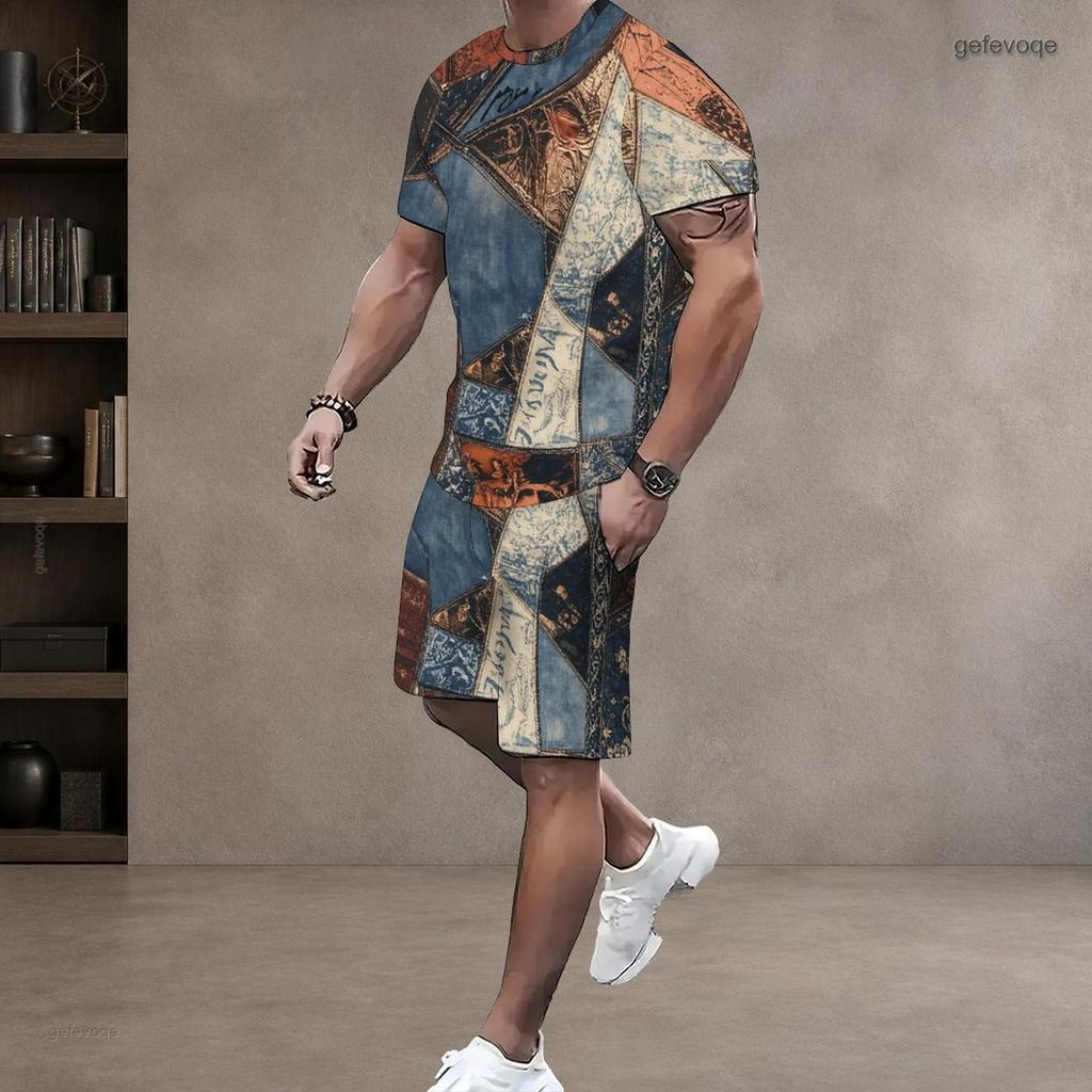 Men Plus Size Blue White Printed Round Neck Short Sleeve Top And Shorts With Pockets Two Piece Set