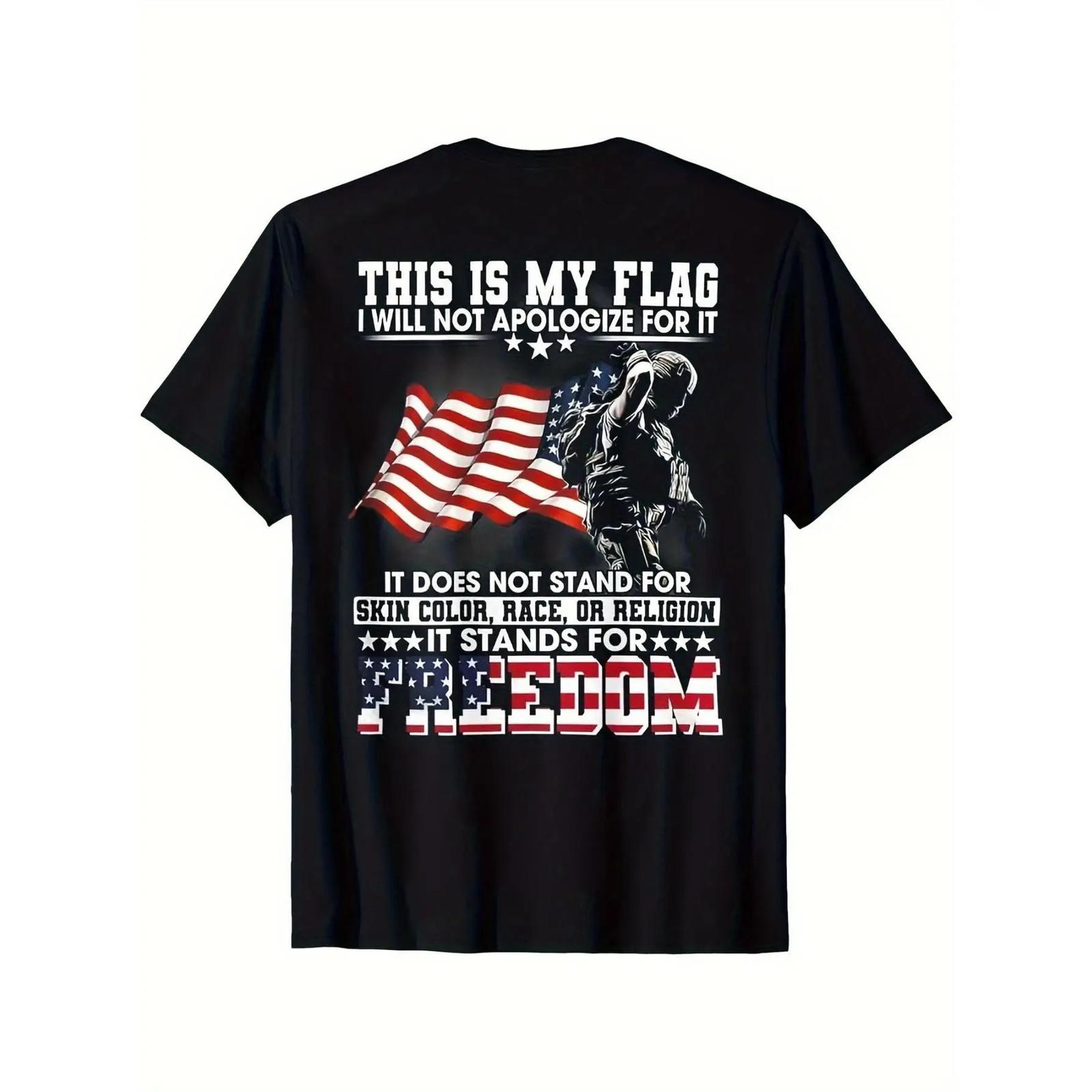Vintage Patriotic American Flag & Soldier Print T-Shirt Cotton Unisex Casual Tee S разноцветный