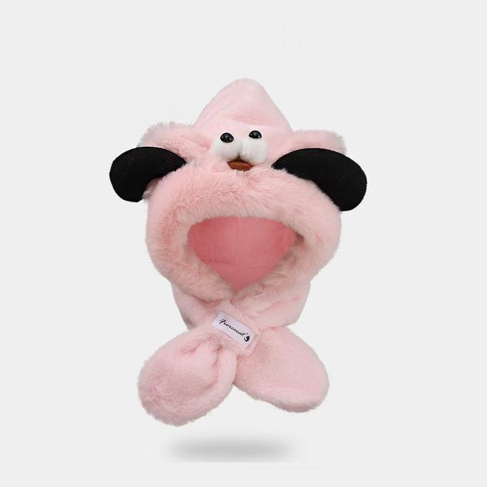 Dog Ears Cute Hooded Scarf Creative Plush Integrated Hat Hat Scarf Set Winter