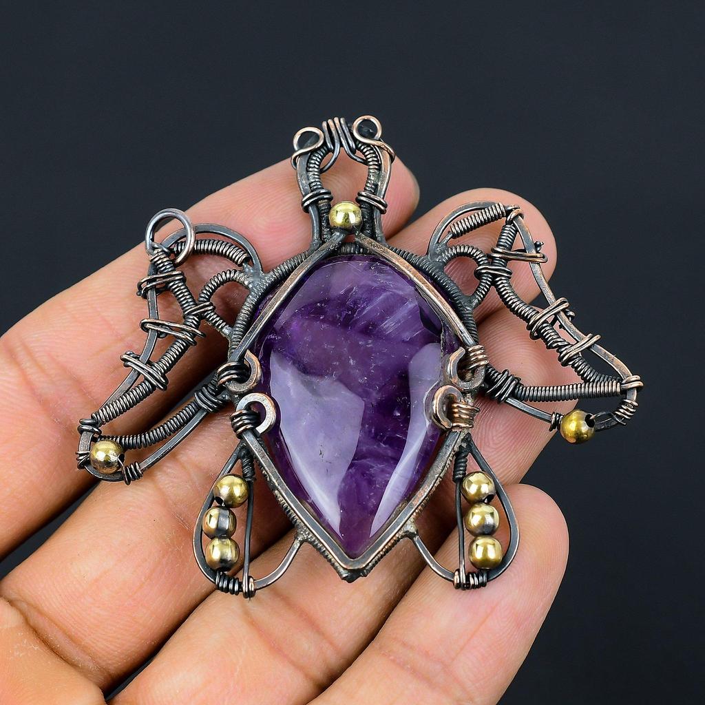 Turtle Shaped Amethyst Gemstone Copper Wire Wrap Handmade Pendant Jewelry Gift For Love