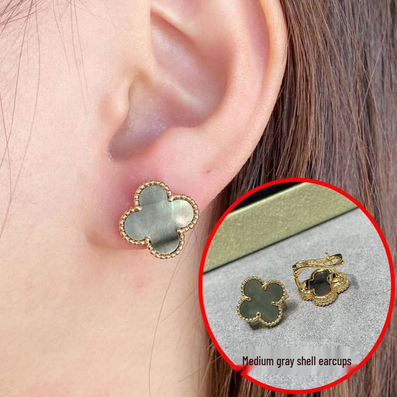 High-Version 18K Rose Gold Earrings: Four-Leaf Clover with White Mother-of-Pearl & Red Agate - Fashionable, Luxurious, INS Style.