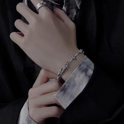 Trendy Personality Sliver Color Stainless Steel Star Cross Thick Chain Bracelets Necklace Set for Women Men Punk Hip Hop Jewelry