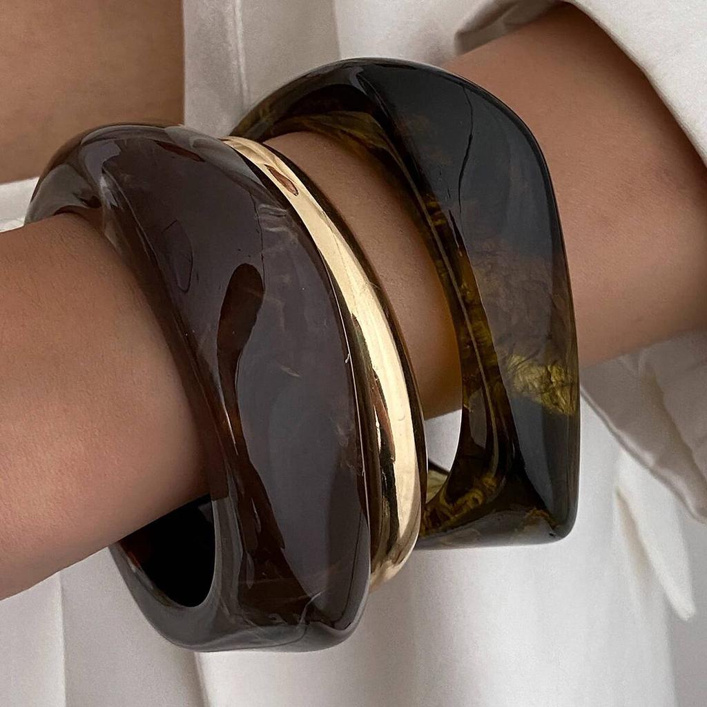 IngeSight.Z 3 Styles Vintage Punk Brown Thick Resin Acrylic Smudging Bangles Women Geometric Irregular Bracelet Pulseras Jewelry