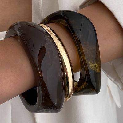 IngeSight.Z 3 Styles Vintage Punk Brown Thick Resin Acrylic Smudging Bangles Women Geometric Irregular Bracelet Pulseras Jewelry