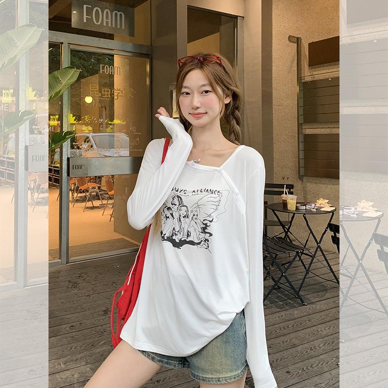 White Girly Anime Printed Long-sleeved Sunscreen Blouse T-shirt Women's Summer New Loose and Thin Top