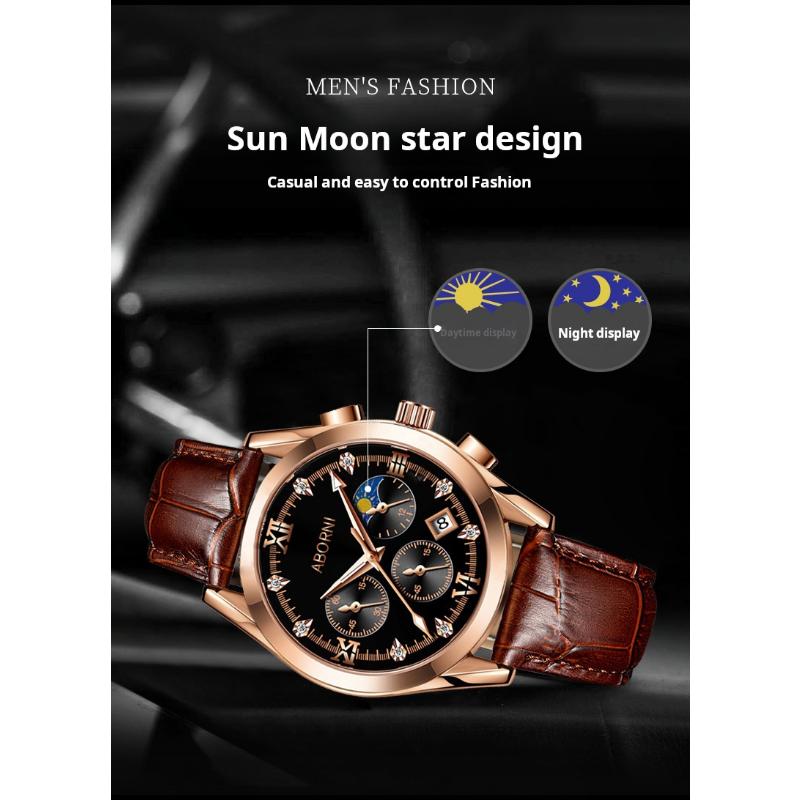 ABORNI Luxus Herren Chronograph Armbanduhr Wasserdicht Leuchtend Herrenuhr Leder Hohe Qualität Sport Herren Quarzuhren