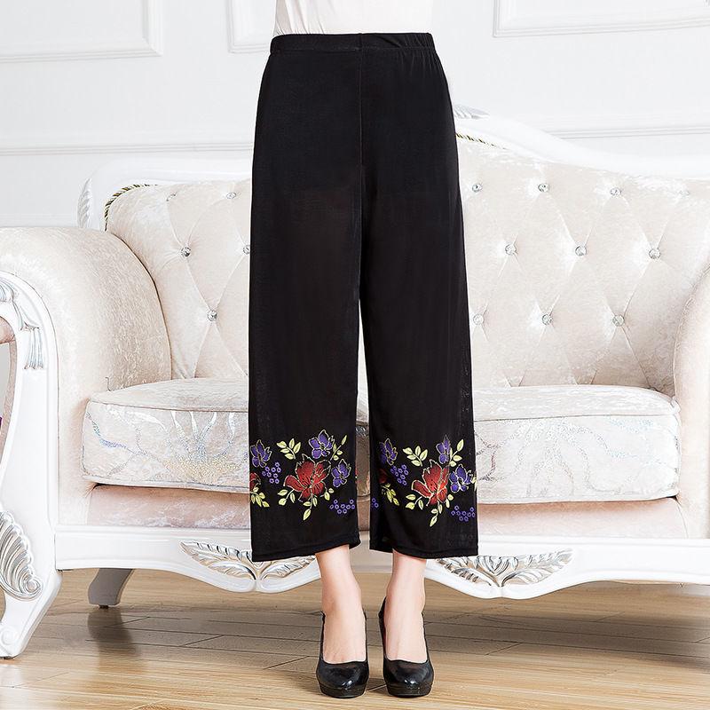 Women Summer Thin Pants Big Size Loose Elastic Waist Simple Cropped Pants High Waist Wide Leg Floral Printed Mothers' Casual Straight Pants