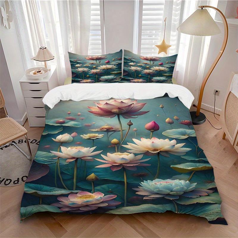 3pcs Lotus Pond Soft Comfortable Bedding set, For Bedroom, Guest Room And Dorm, All - Season Use, High-Definition Printing149