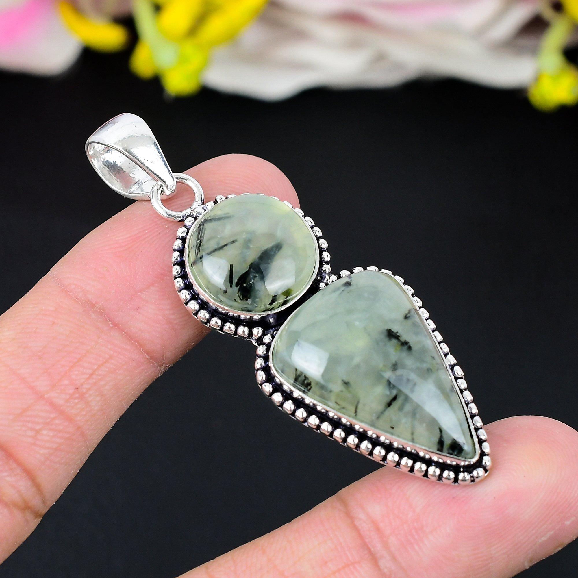 

Prehnite Gemstone Handmade 925 Sterling Silver Jewelry Pendant 2.48 KG-274
