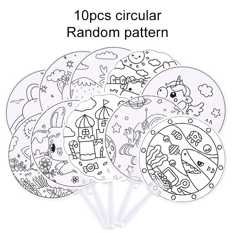 5/10pcs Mini Round Fan Paper Portable Cartoon Pattern DIY Graffiti Children Drawing Summer Household Daily Necessities TMZ