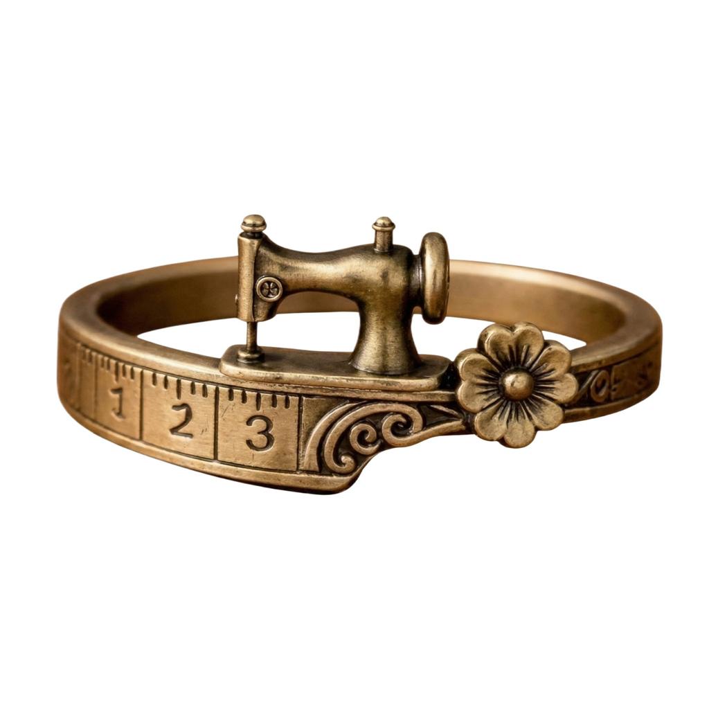 Vintage Sewing Machine Ring Adjustable Band with Measuring Tape Design and Floral Accent Metal Jewelry Accessory for Craft Enthusiasts