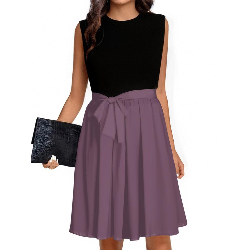 Women's Fashion Casual Lace-up Sleeveless Round Neck Splicing Short Dress