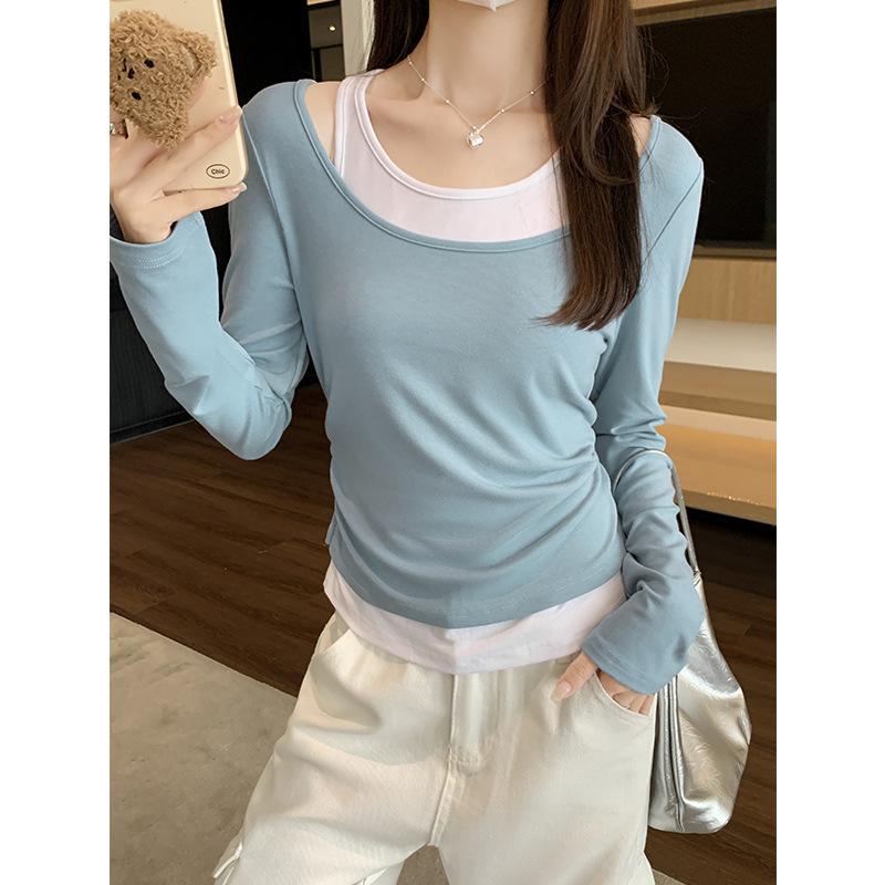 Black and White Contrast Fake Two-piece Patchwork Long Sleeve Shirt T-shirt In Early Autumn Women Sexy Girl Design Slim Top