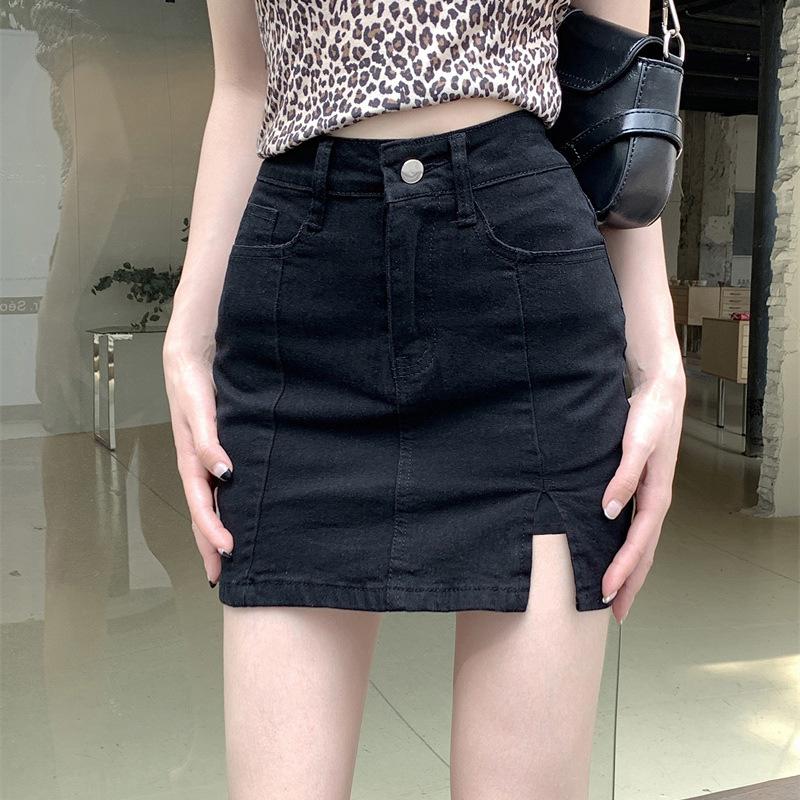 Fustă Scurtă de Vară pentru Dame, din Denim, Tinerescă și Subțiatoare, Fustă Scurtă A-line cu Pachet pe Șold, Design Deschis, Elastică, Negru