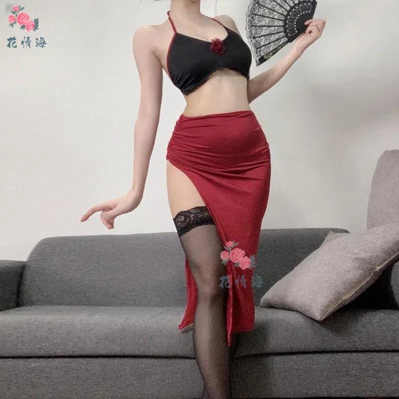 Sex underwear sexy rose long dress nightclub tube top hanging neck red charm split fork