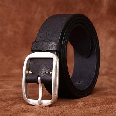 Cinto masculino retrô banhado a prata fivela de aço couro bovino genuíno superfície simples all-match casual jeans cinto masculino