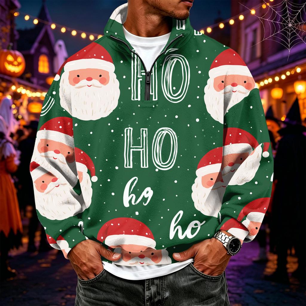 Men's Casual Flannel Quarter-Zip Long Sleeve Sweatshirt Christmas Print Pullover