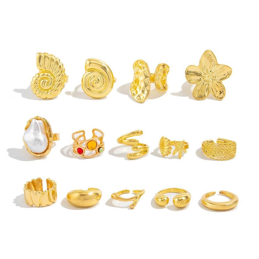 SHIXIN 14pcs/set Bohemian Conch Flower Open Ring for Women Fashion Imitation Pearl Rhinestone Knuckle Ring Set Vacation Jewelry