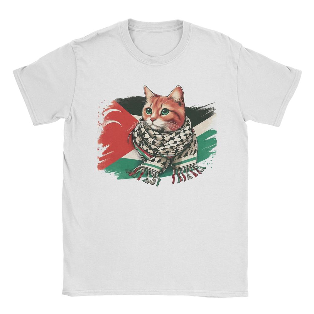 Unisex TShirts Palestine Cat With Scarf Novelty 100 Cotton Tees Short Sleeve  T Shirt Crew Neck Clothes Printing