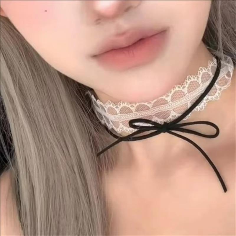 White Black Lace Bow Choker Necklace for Women Harajuku Gothic Dark Girl Lace Bow Sweet Collar Necklace Party Female Jewelry