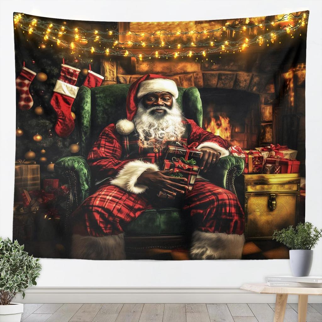 Black Santa Claus Tapestry Afro African American Wall Art Merry Christmas Wall Hanging Blanket for Living Room Bedroom Home