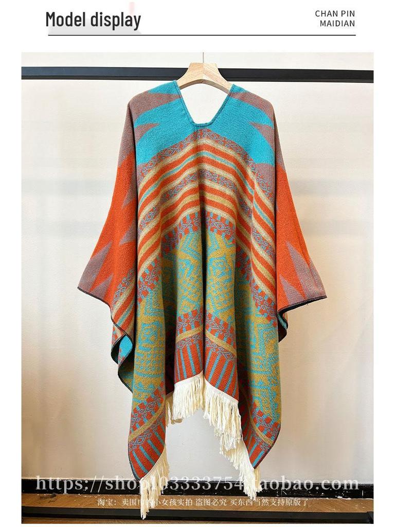 Ethnic Style Knitted Shawl Pullover Cape - Women's Warm Travel Cloak