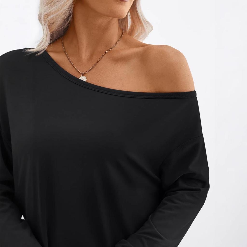Lässiges lockeres One-Shoulder-Damen-T-Shirt - Europäische & Amerikanische Mode W6919