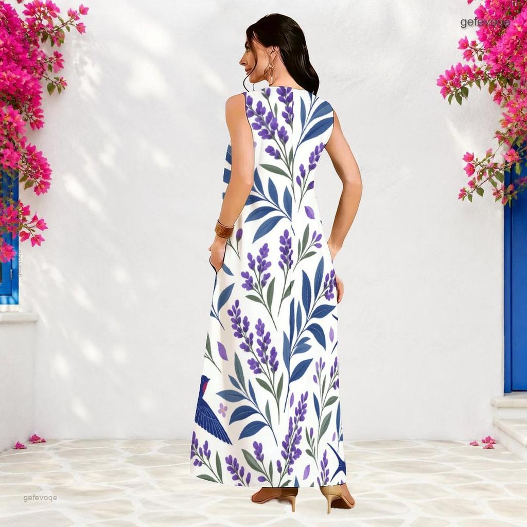Women Plus Size Notch Neck Sleeveless White Blue Yellow Floral Printed A Line Long Maxi Dress