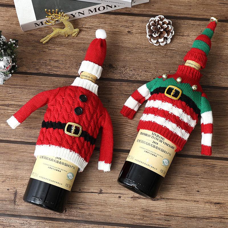 1Set Knitted Clothing Sweet Bottle Decoration Ambience Decoration Acrylic Christmas Red Striped Pattern Champagne Protector