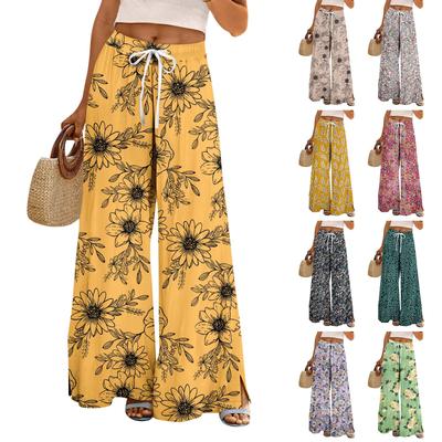 Women Summer Boho Palazzo Pants High Waist Wide Leg Floral Printing Casual Trousers With Pockets