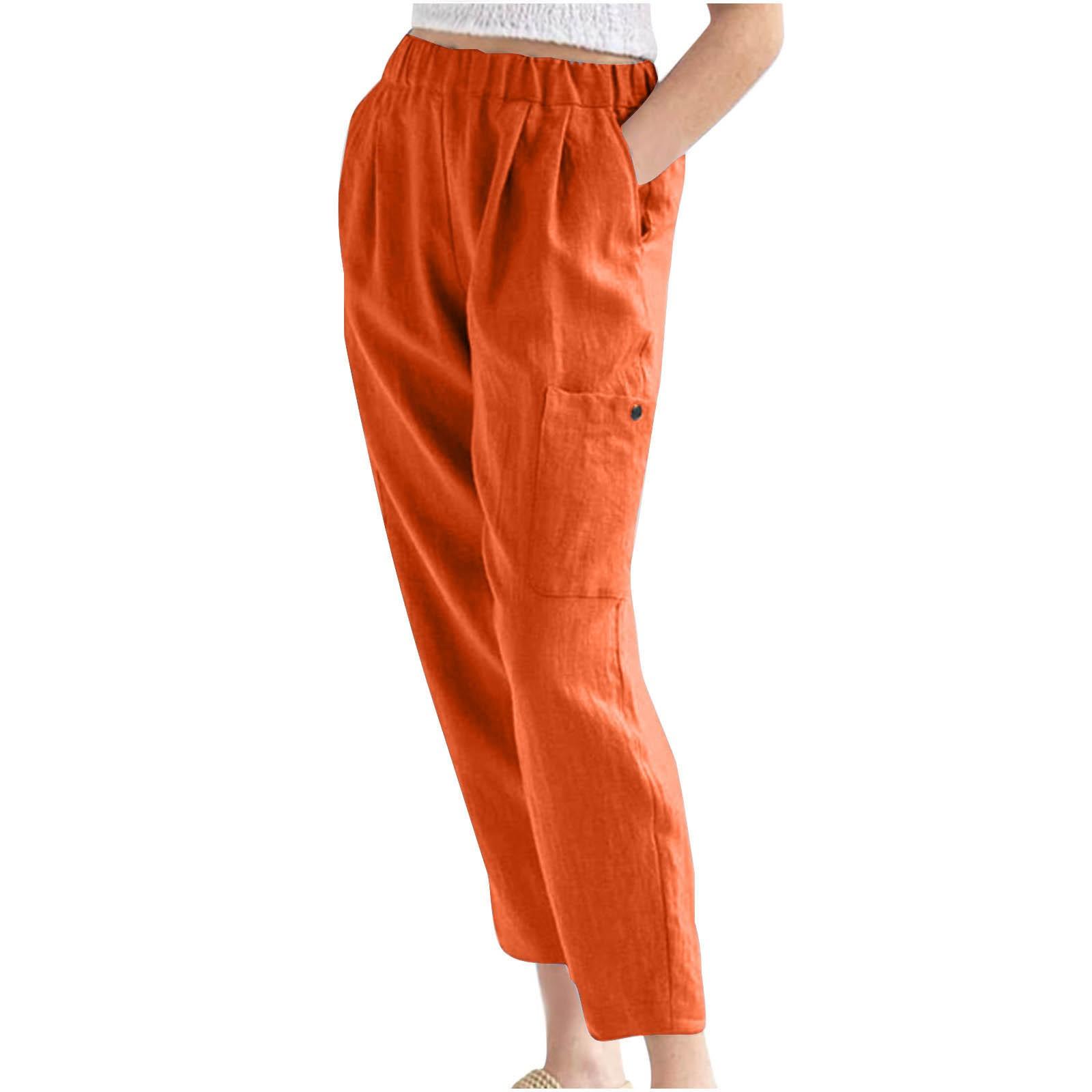 

Women s Casual Loose Elastic Waist Wide Leg Cropped Pants With Pocket Cotton And Linen Cropped Pants XL шафрановий