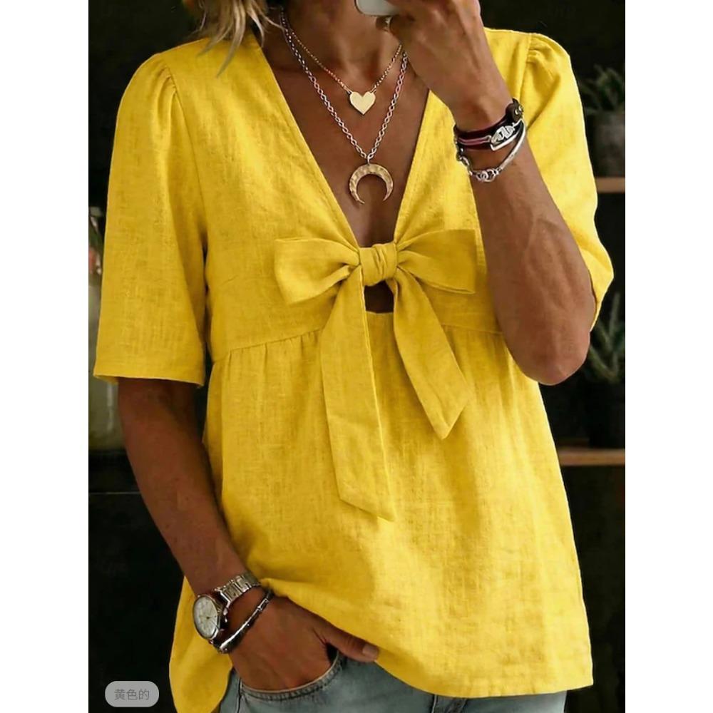Women New Summer Fashion Loose Casual V-neck Tie Bow Blouse