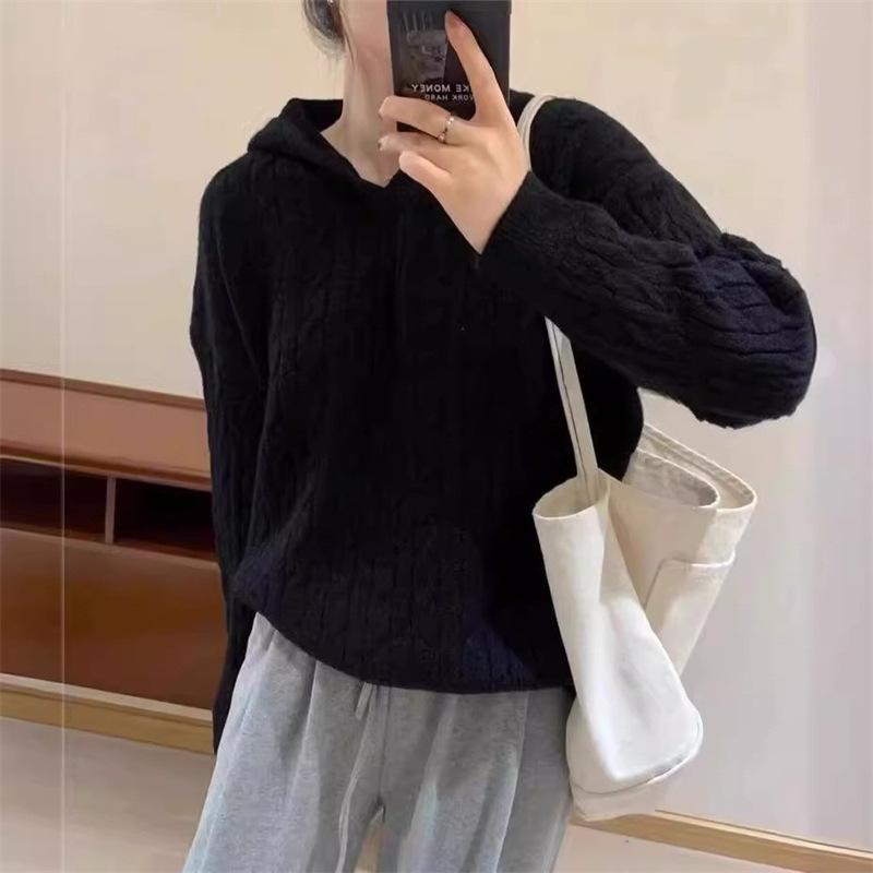 Herbst und Winter Retro Mode Freizeit Unifarben Zopf Pullover Kapuzenpullover Damen Locker Fauler Stil Weich Wachsig Einfach