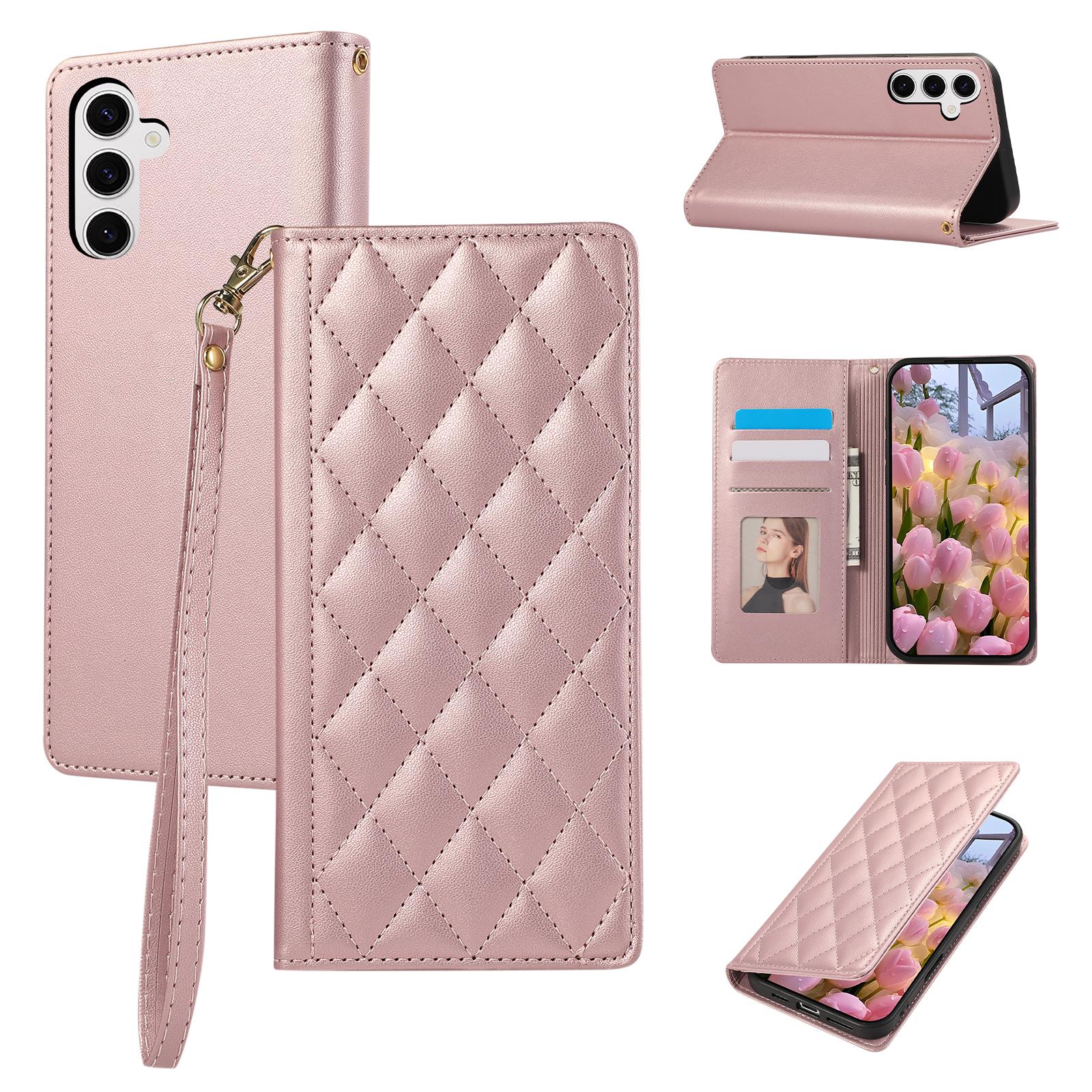 

For Samsung Galaxy S25/S24 Case RFID Blocking Wallet Stand Rhombus Leather Phone Cover with Wrist Strap Rose Gold